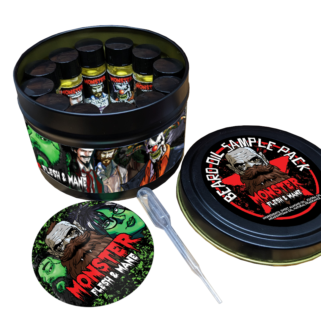 MONSTER Beard Oil Sample Pack. 12 vials with every fragrance, packed in black tins. Comes with pipette and sticker!