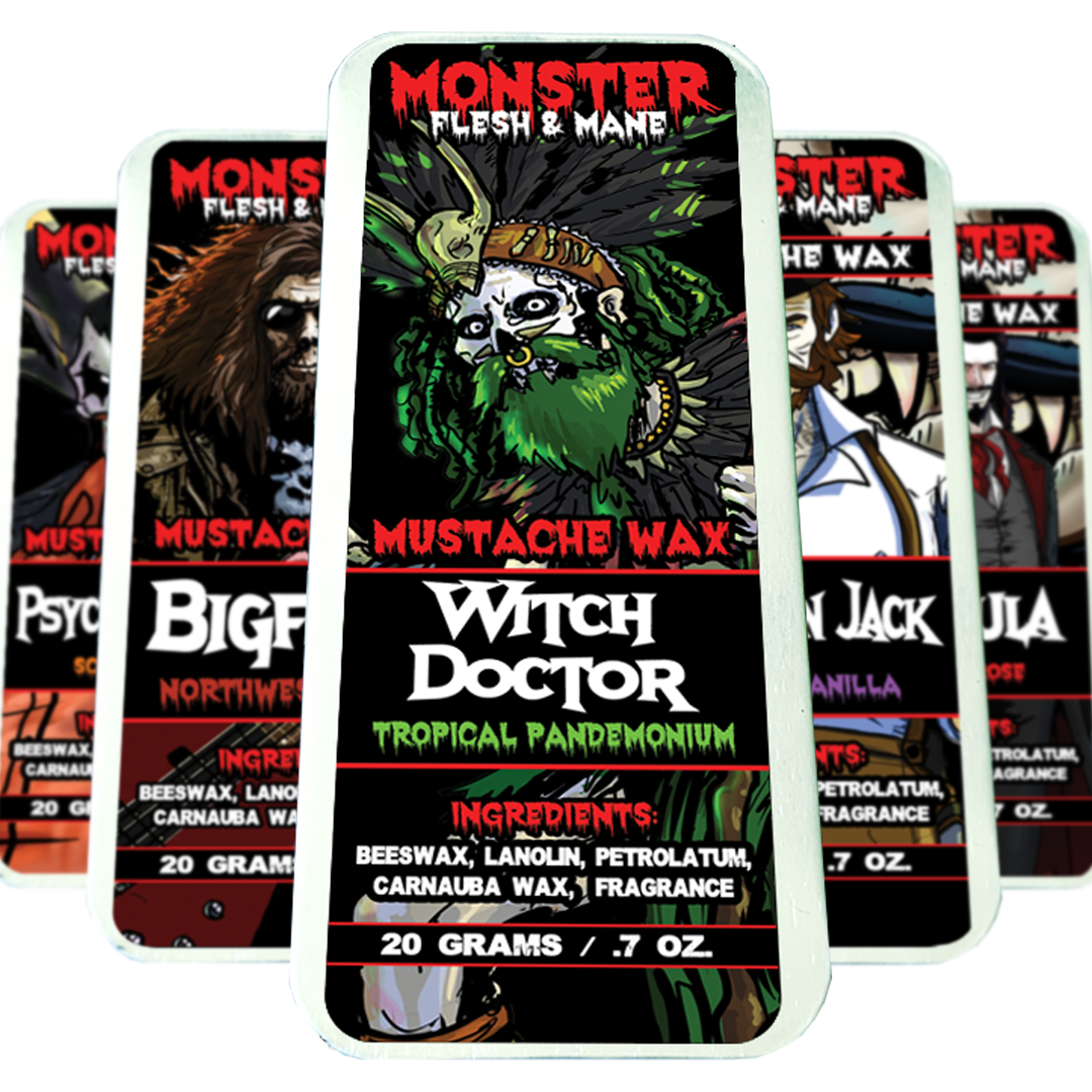 MONSTER Mustache Wax. 20 gram tins of mustache styling wax with natural ingredients and natural fragrances.